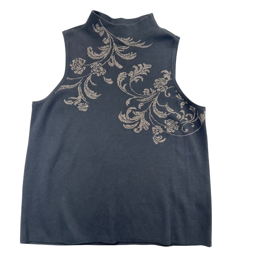 Chicos Sweater Womens 3 XL Black Mock Neck Sleeveless Glitter Floral